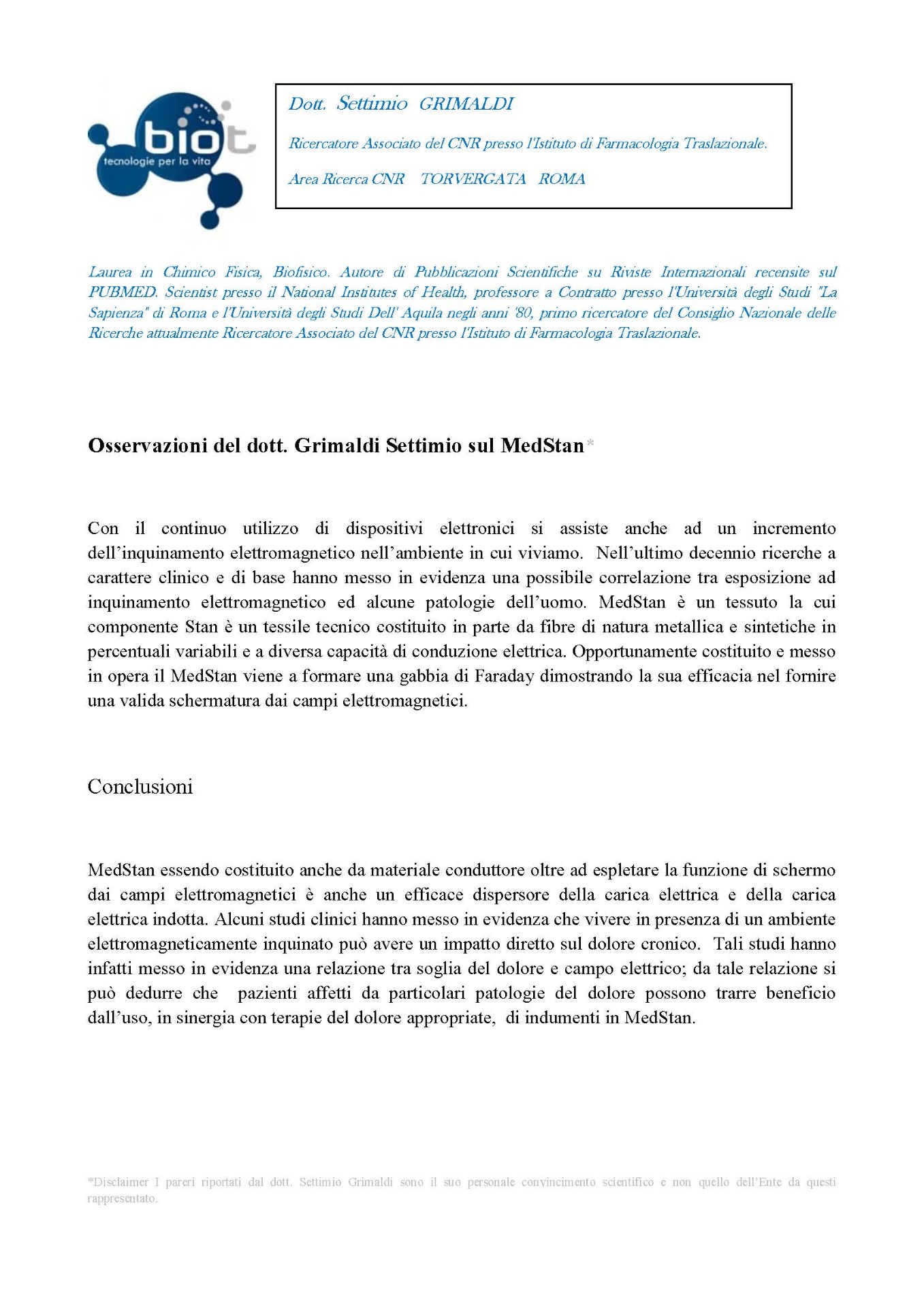 Certificazione redatta dal Dott. Settimio Grimaldi